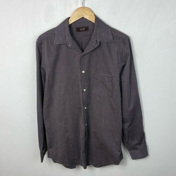 Tasso Elba Button Down Checked Shirt‎ Size Large Cotton Brown Blue Casual Dress - Picture 11 of 12